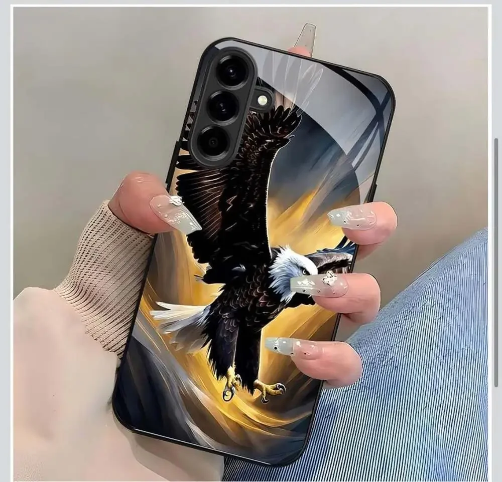 Eagle Tempered Glass Phone Case with Golden Lightning Wings Design